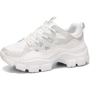 Lucky Step Women's White Chunky Platform Dad Casual Lace Up Walking Sneakers